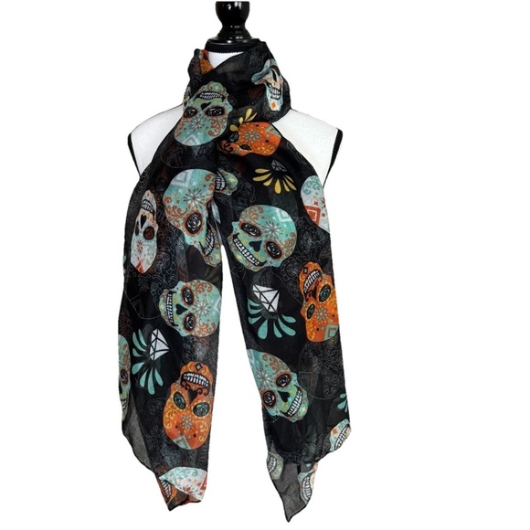 DAY OF THE DEAD DIA DE LOS MUERTOS SUGAR SKULL BLACK SCARF 36" X 72" HALLOWEEN - Picture 1 of 4